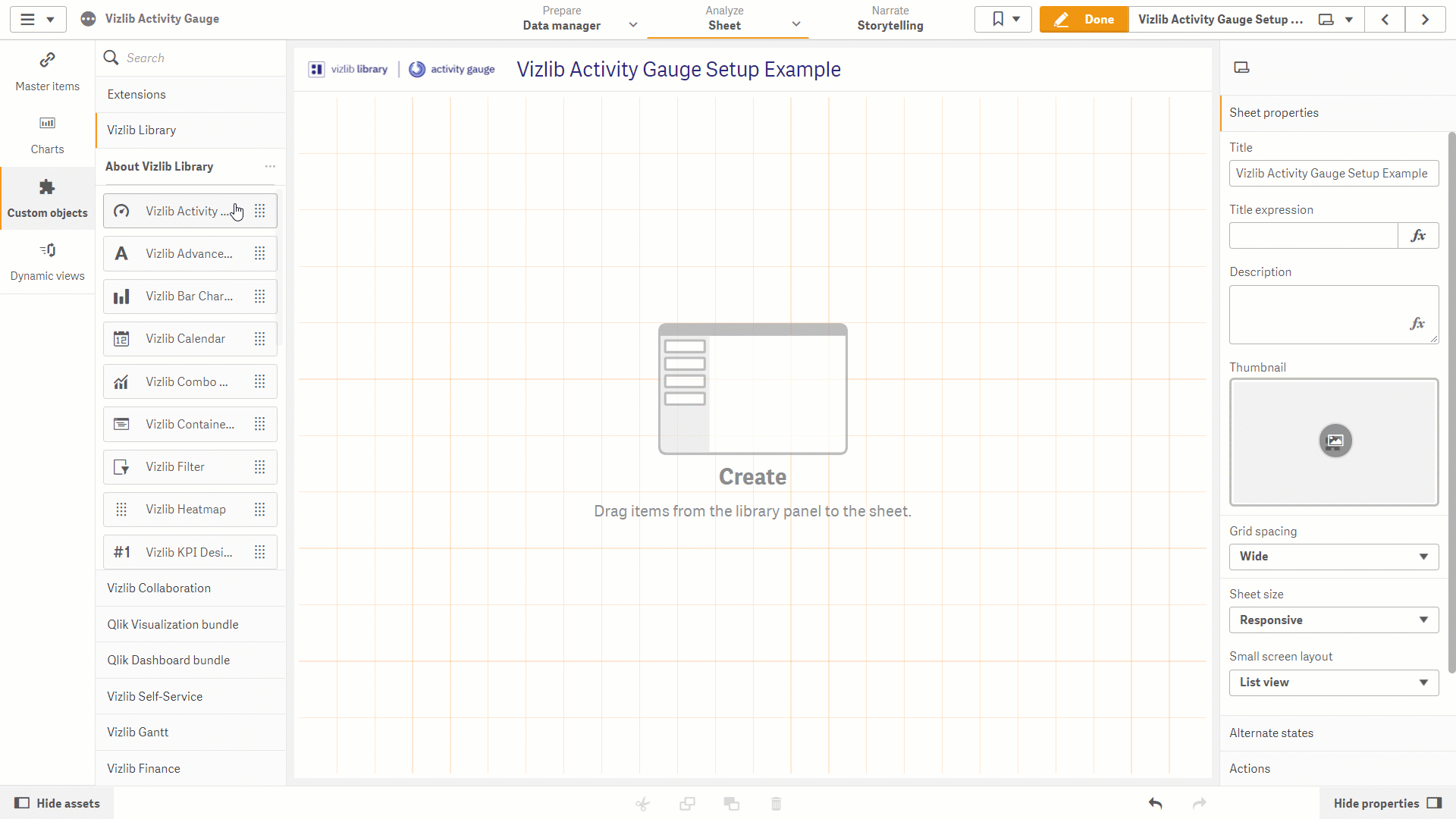 Animation showing the Vizlib Activity Gauge setup process on a Qlik Sense sheet