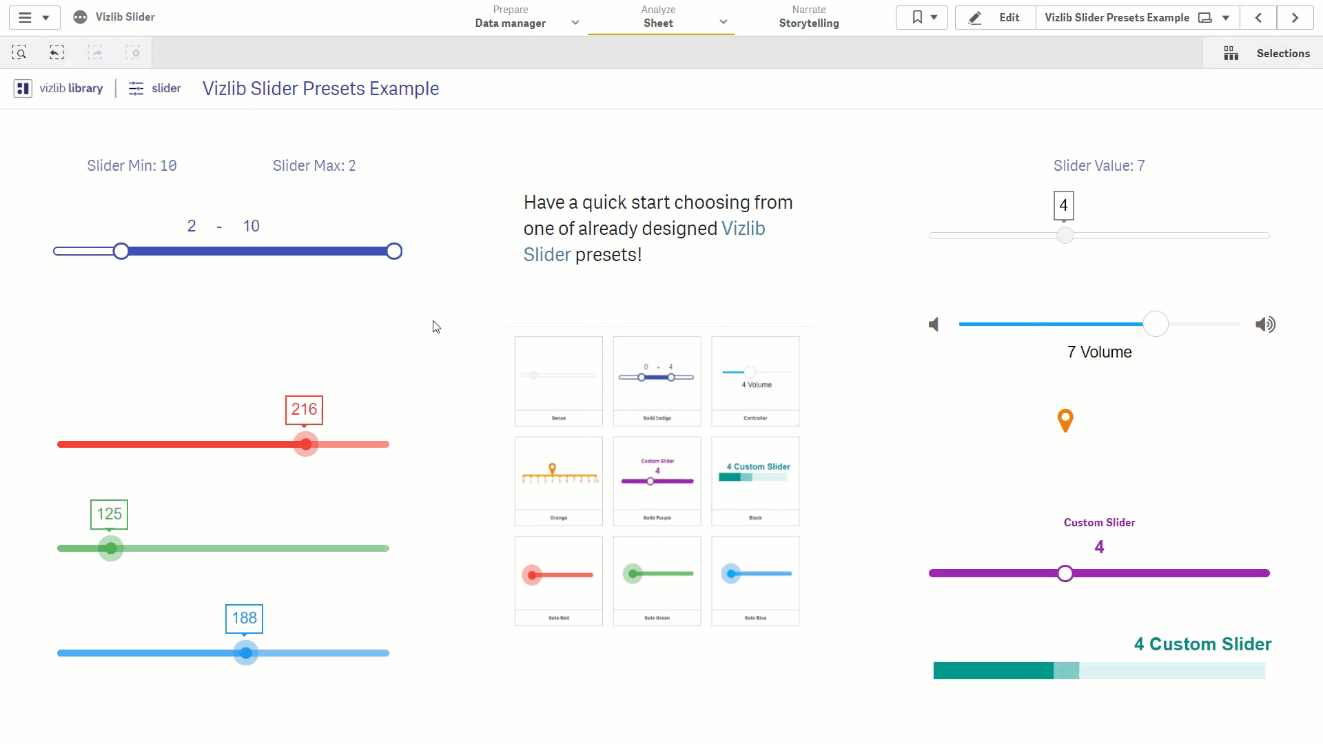 Animated Vizlib Slider showing several preset styles used to set values.