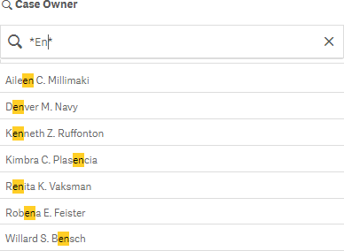 Vizlib Filter search box with matching field values listed below it.