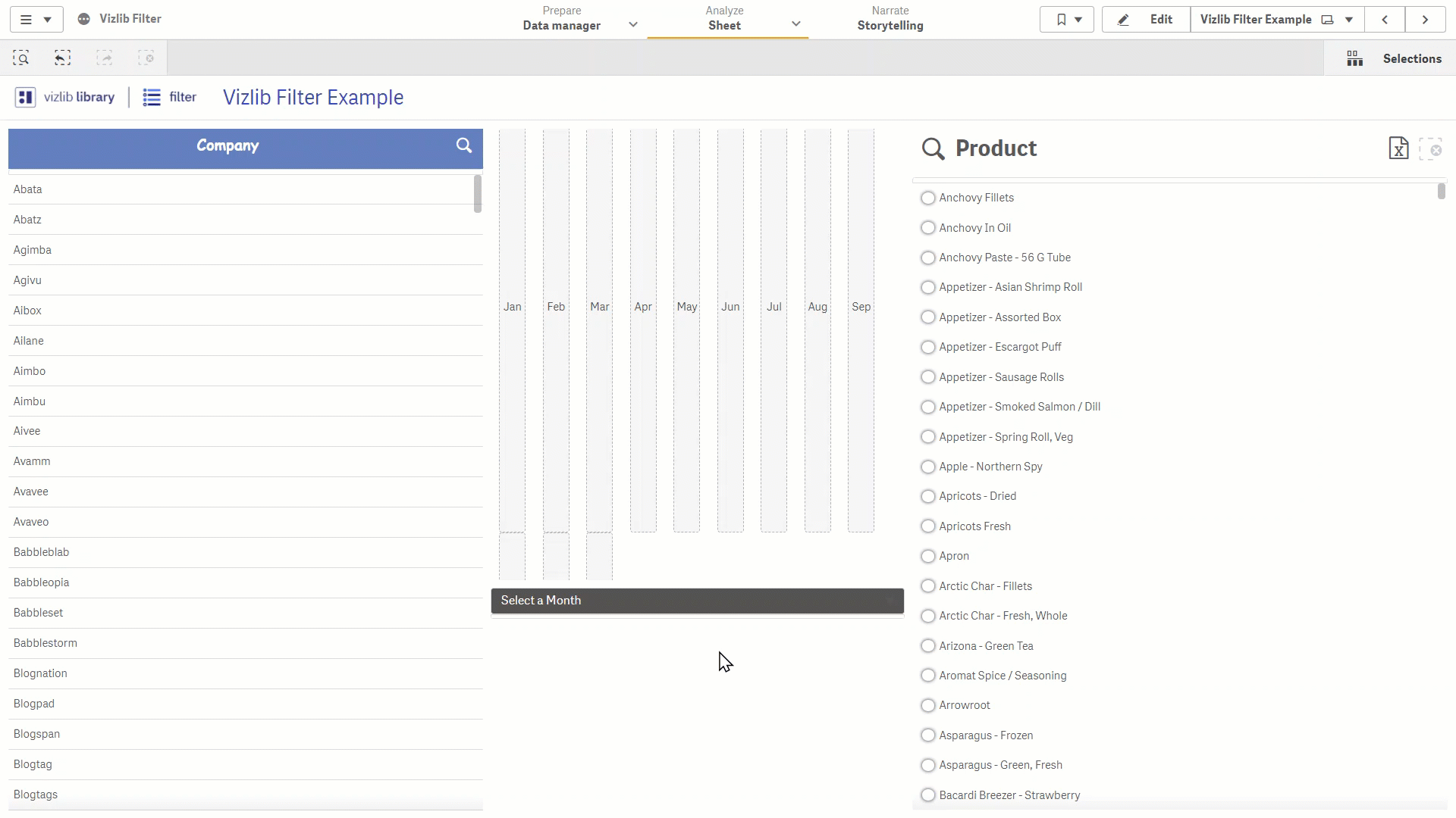 Animated Vizlib Filter updating a set of sales figures as values are selected.