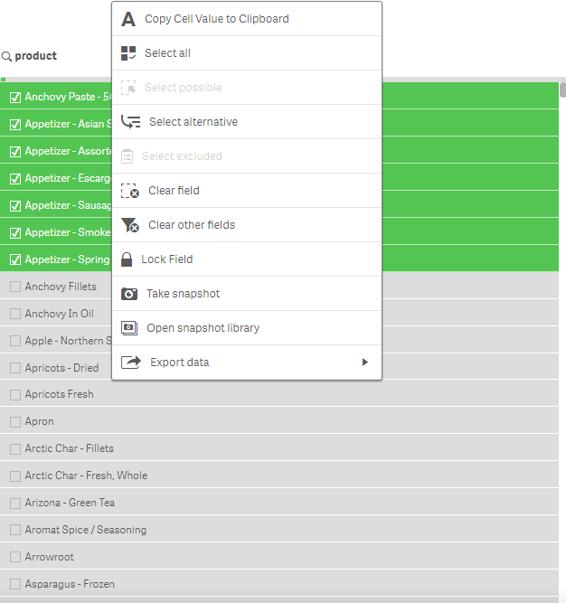 Vizlib Filter showing the available selection options for a field.