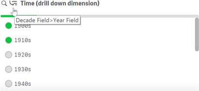 Vizlib Filter showing a drilldown through a hierarchy of field values.