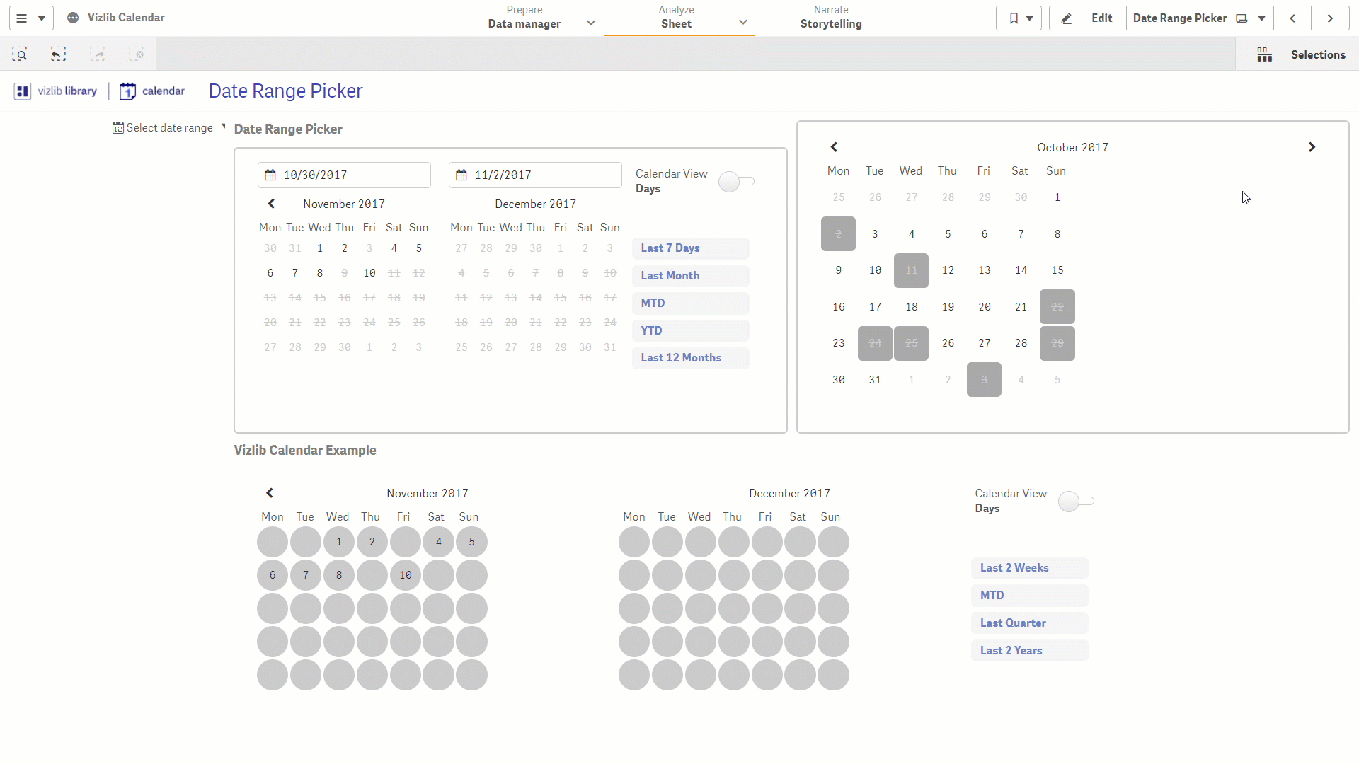 Animated Vizlib Calendar date range picker switching between a Days view and a Months view.