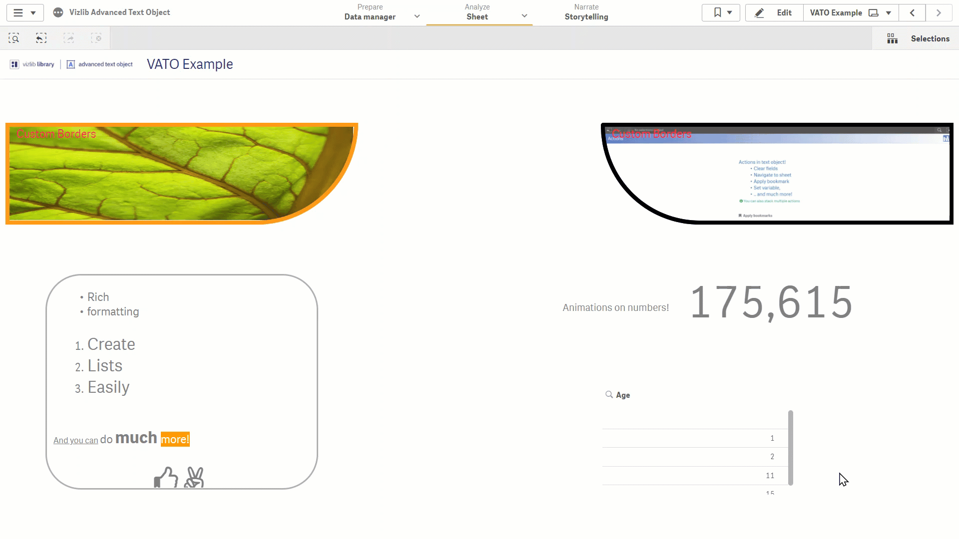 Animated Advanced Text Object showing formatted text that updates as selections change.