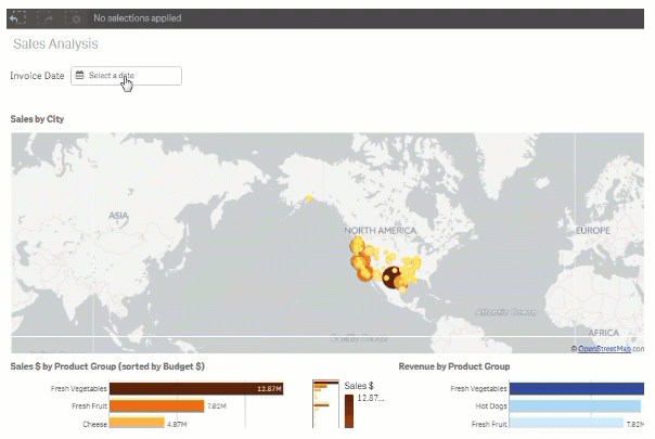 Animated Vizlib Calendar filtering a sales dashboard as different date ranges are selected.